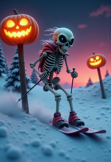 A surreal scene unfolds on a snowy, high-altitude ski slope, where a cute skeleton equipped with skis and snowshoes slaloms down the hill. The bony figure balances with precision as it carves sharp turns, creating tracks in the fresh snow. Strapped to its hands are two ski poles.  On the poles that delimit the ski slope there are large, glowing Halloween pumpkins sit atop the poles. These pumpkins have carved faces, their eerie grins glowing with a warm, orange light, contrasting with the icy blue surroundings. The skeleton’s hollow eye sockets and jaw are set in a determined expression, while the dark, skeletal frame appears somewhat whimsical against the snowy white backdrop. The distant sky is a deep, twilight deep red, and the overall atmosphere blends winter sports with Halloween spookiness in a playful yet eerie way.
