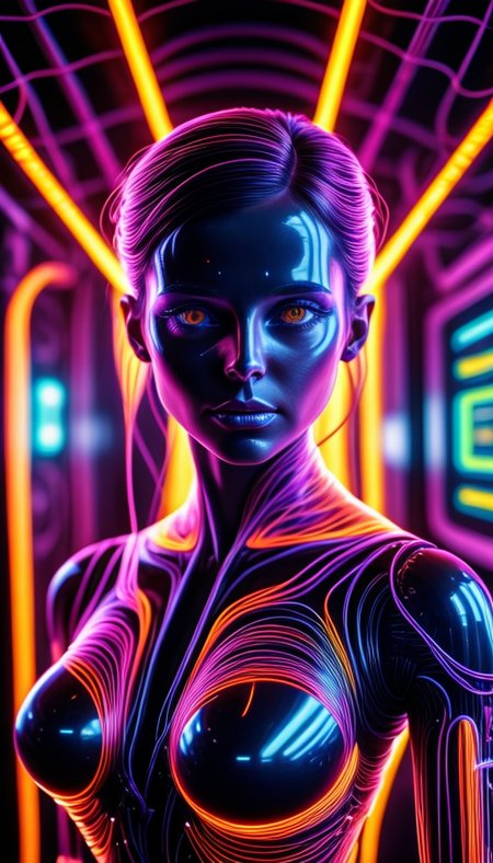 colorful chaos, vivid colors, striking visual design, <lora:add_detail:0.75>, <lora:sharpen-soften:-0.2>, <lora:stylesqueeze_v2:0.25>, <lora:realistic:0.25>,
1 girl, adult  woman, chubby, hazel eyes, auburn half-up half-down hairstyle, portrait, solo, upper body, looking at viewer, detailed background, detailed face, (<lora:1970RetroFuturism:0.6>, 1970retrofuturism, 1970s theme:1.1), android, cyborg, mechanical limbs, mechanical eyes, wires,  advanced technology, dynamic pose, emotionless,  artificial intellgience, steel, digital implants, nanobots, electronics, gadgets, powered by electricity, holograms, particle effects, bright  lights, neon colors, cables in background, cinematic atmosphere, <lora:isobug:0.75> <lora:speedy1p5:1.15>