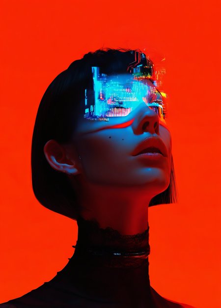 realistic,  
masterpiece, best quality, amazing quality, highres, absurdres, very aesthetic, very awa,expert shading, ultra detailed, UHD, 8K,
BREAK, 
N3onSp3ctra, 1girl, solo, short hair, portrait, lips, choker, bob cut, parted lips, nose, mole,  orange background, simple background, transparent, glass, digital glitch, poster, graphics, blue graphics, upper body, realism, high fashion, surrealism, colorful, dreamy, soft hazy lighting, <lora:NeonSpectra:1>