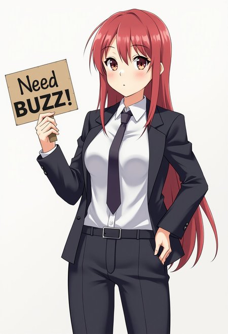 Makima in a suit, (holding a sign that says "Need BUZZ":1.5), anime style