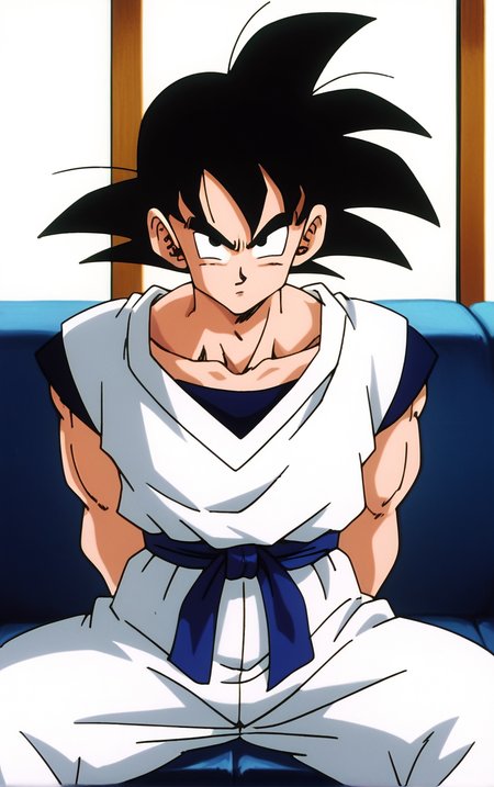 score_9, score_8_up, score_7_up, BREAK
ARTSTYLE_DragonBallZ_ownwaifu,  retro artstyle, 1990s \(style\), 
1boy, male focus, black hair, black eyes, spiked hair, son goku, 
dougi, collarbone, muscular male,
(sitting, spread legs), arms behind back, couch, window shade, indoors, <lora:PONY_STYLE_DragonBallZ_ownwaifu:0.95> , depth of field, solo,