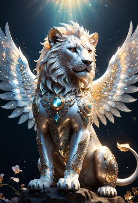 A angelic mythical lion with spreading arms with glowing intricate transparent wings, symmetrical hyperdetailed texture, pearl filigree, concept art, artstation, alice x. zhang, Andreas lie, perfect composition, masterpiece, glittering professional photography, macro, natural lighting, canon lens, shot on dslr 64 megapixels sharp focus ethereal, Hyperrealistic, splash art, concept art, mid shot, intricately detailed, color depth, dramatic, 2/3 face angle, side light, colorful background