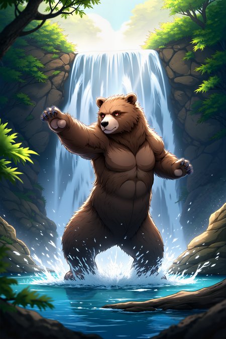 Underneath the cascading waters of a sacred waterfall, a massive brown bear stands on two legs, his fur soaked and glistening as he performs a series of slow, powerful martial forms. His paws, large and clawed, move with surprising precision as he strikes the air with deliberate, controlled force, each movement causing the water around him to ripple. The roar of the waterfall fills the air, yet the bear remains completely focused, his dark eyes locked on the center of the pool at his feet. The mist from the falls clings to his fur, and shafts of sunlight pierce through the trees above, illuminating the bear in a golden halo as he continues his practice. Around him, the lush forest is alive with the sounds of birds and insects, their calls blending with the thunderous crash of the waterfall. His massive frame moves with a grace that belies his size, each strike and stance reflecting years of martial discipline honed in the wilderness. The water beneath his feet is crystal clear, reflecting the vivid green of the surrounding foliage, and the scent of fresh pine and earth fills the air. The scene is one of primal strength and tranquility, where the bearâs mastery of martial arts stands in perfect balance with the power of nature. (high-resolution, dynamic, energetic, dramatic lighting, shallow depth of field.), detailmaximizer<lora:Videogame_Cartoon_Flux><lora:detailed_flux_ntc:2.2><lora:aidmaImageUpgrader-FLUX-V0.1:0.65>