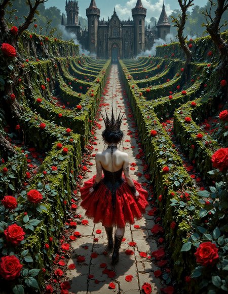 <lora:FluxMythAn1meL1nes:1> an1mel1nes <lora:FluxMythR3alisticF:1> r3alisticf <lora:Illustration concept Variant 3A:1> <lora:underland-red-queen:1> UnderlandRedQueenDaal