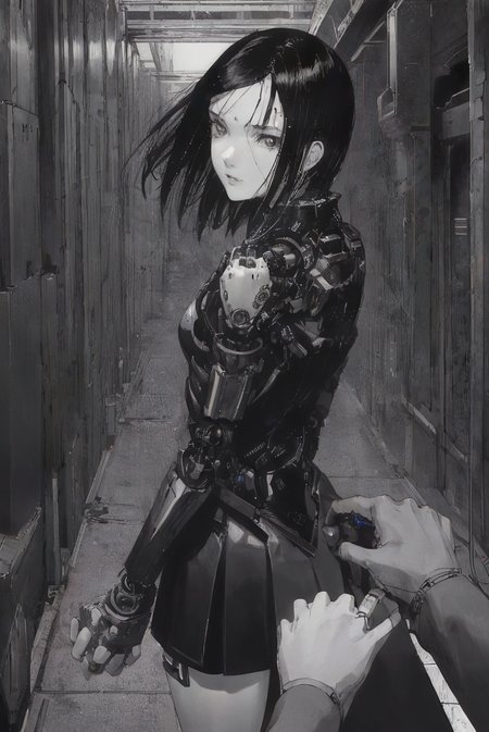 1girl, sanakan (safeguard), safeguard, silicon life, (highly detailed face:1.3), small breasts, short dark hair, thin lips, emotionless, (mechanical parts, cables:1.2), short dark skirt, dark vest, white legs, white hands, white skin, highly detailed, best quality, cinematic lighting, sharp focus, POV, body bend, head tilt, vast scenery, city ruins,  IncrsHoldingHandsPov, holding hands, pov hands, from side, from behind, (highly detailed hands:1.3)