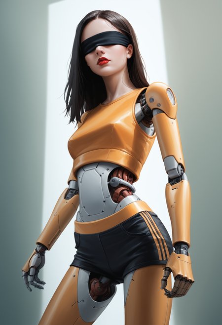 1girl, (low light, darkness:1.3), (smoke:0.6), <lora:Sukabu-PonyXL-1024px-v2:0.8>,solo, robot joints, detailed metallic joints,:1.3) 
score_5_up, score_6_up,  score_7_up, facing viewer, (fisheye:1.3), (absurdres, high quality, realistic:1.3), (perfect face:1.3), blindfold, red lips, shiny skin, glossy, reflections, 
wearing (crop top, black shorts, sneakers), android, mechanical legs, mechanical arms, robot joints, short black hair, (blindfold:1.3), 
(medium shot, face focus:1.2),  <lora:add-detail-xl:1> <lora:ComicsPonyXL_V2:0.25> Comistyle <lora:43stl1ght1ngXLP2:0.25>,  <lora:Photo 2 Style SDXL_LoRA_Pony Diffusion V6 XL:0.25> raw, photo, realistic, <lora:photography_1b:0.55> people,