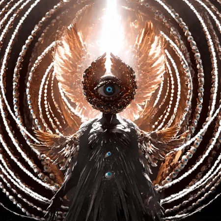 leogirl, seraphins, mystical creature with hundreds of eyes and wings, with the shape of a giant ring, circular hoops around body, massive size, angelical lights <lora:Seraphins1.0-000038:0.8>