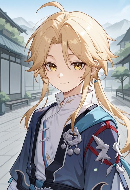 masterpiece,best quality,amazing quality, source_anime, 
Yanqihonk, 1boy, male focus, yellow eyes, blonde hair, long hair, ponytail, chinese clothes, shirt, white shirt, kimono, blue kimono, outdoor, smile,