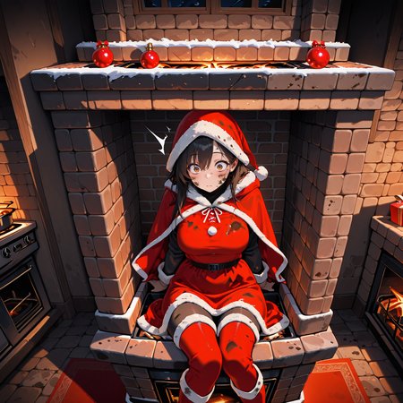 masterpiece,best quality,amazing quality, depth of field, <lora:IL_0.5_Fallen_through_the_chimney_Christmas:1> fathchg, 1girl, falling, dirty face, dirty clothes, sitting, in oven, chimney, christmas dress, red cloak