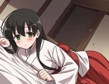 score_9, score_8_up, score_7_up, source_anime,
kasumiiwato, <lora:kasumi-iwato-s2-ponyxl-lora-nochekaiser:1>,
kasumi iwato, long hair, black hair, green eyes, hair between eyes, large breasts,
skirt, japanese clothes, hakama, hakama skirt, miko, red hakama,
indoors, bed, bed room, on side, blush, drunk,
cowboy shot, looking at viewer, solo, dutch angle,