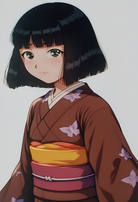 score_9, score_8_up, score_7_up, source_anime, anime illustration, masterpiece, best quality, lots of details, BREAK zPDXLx, mur4k4mi-ip,ruri madarame, bob cut, short hair, black hair, odd eye, right brown eye, left green eye, japanese clothes, kimono, brown kimono, ruri madarame, odd eye, 1girl, solo, sash, bangs, obi, looking at viewer, closed mouth, blunt bangs, chibi