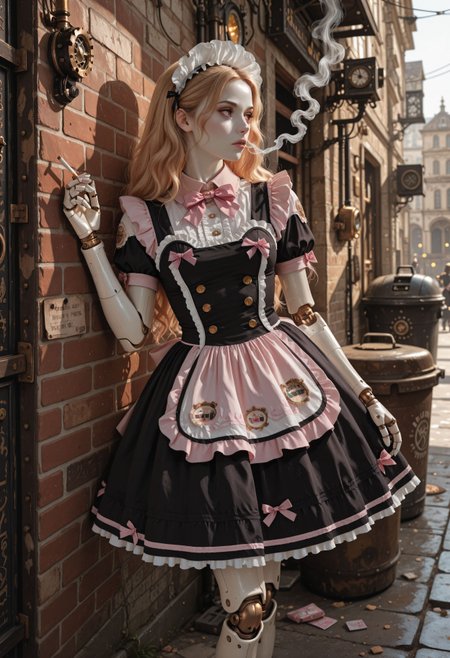 masterpiece, best_quality, reij-rt style.
woman, reaslisitc_body, leaning against wall, holding a cigarette, looking away, taking a quick break, steampunk, android joints, maid dress, pink bow, frills, short sleeves, maid headdress, white skin, detailed_eyes, dark alley, (trash can:0.6), blinding sunlight, depth of field.
HDR, absurdres, ultra-detailed, highly_aesthetic
<lora:reij-rt:0.8>  <lora:PinkDripMaidILL:0.7>