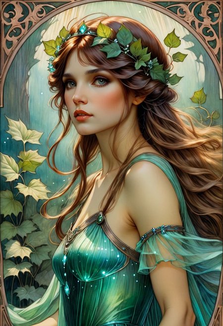 detailed gorgeous face, bioluminescent dryad, cottagecore aesthetic, artstation, extremely sharp detail, finely tuned detail, ultra high definition, ultra sharp focus, illustration, line art, watercolor, brian froud and alphonse mucha and john william waterhouse style, John William Waterhouse Style page