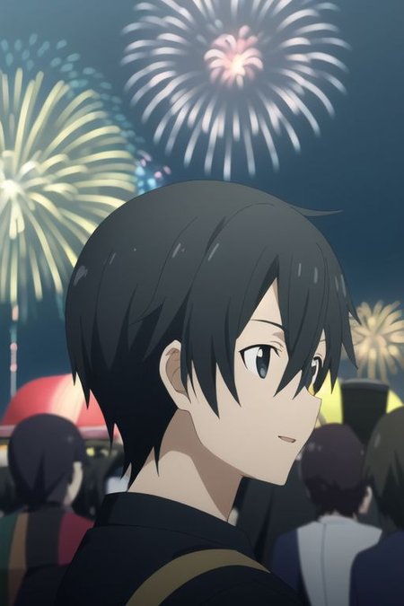 high resolution, professional photography, best quality, 1Boy, Kazuto Kirigaya, Black Hair, Black Eyes, festivals, nights, fireworks, crowds, happy,