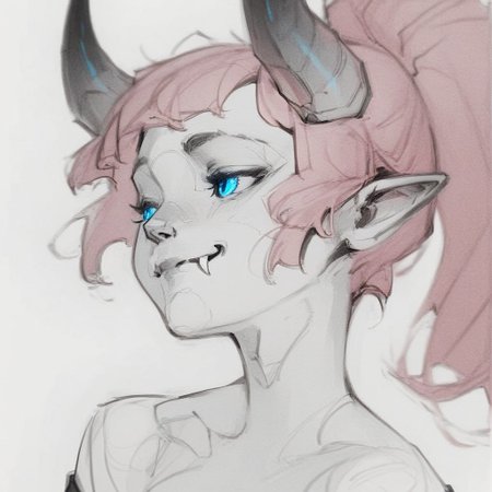 sketch, monochrome, greyscale, score_9, score_8_up, score_7_up, masterpiece, best quality, absurdres, vibrant, highly detailed, portrait, Lynn Pink, blue eyes, pink hair, ponytail, horns, pointy ears, fangs, (((adult))), small breasts, simple shirt, long sleeves, off shoulder, no bra, looking away, closed mouth, smile, white background, simple background