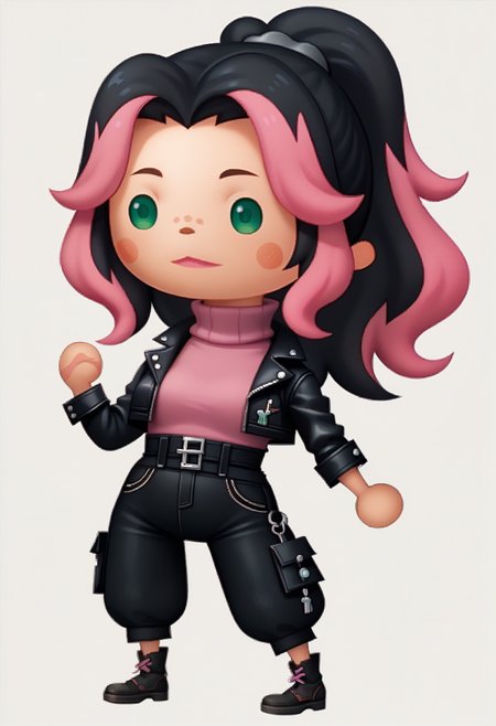 score_9, score_8_up, score_7_up BREAK theatrhythmstyle, solo, 1girl, chibi, white background, full body, black hair, pink dyed hair, bangs, ponytail, green eyes, freckles, leather jacket, turtleneck, high waist pants <lora:zs_TheatrhythmStyleXL_1:1>