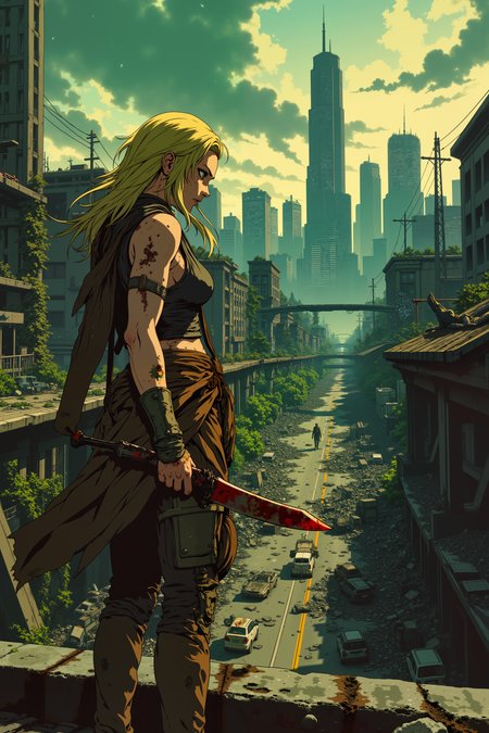 ne0nfant4sy,  Amidst the ruins of a once-great city, now overrun with creeping vines and shattered skyscrapers, a lone scavenger with dirt-streaked skin and sun-bleached blonde hair stands on a crumbling highway overpass. Her torn, patchwork clothing is cobbled together from scavenged armor, rusted metal plates, and worn leather, while a shotgun slung over her shoulder glints faintly in the fading light. Below her, a horde of the undead shuffles aimlessly through the decaying streets, their rotting limbs dragging across the pavement, but her sharp, green eyes are locked on a distant figure in the wreckageâa survivor, barely moving. The sky above is an angry swirl of storm clouds, tinged with a sickly green hue, while ash falls gently from the sky like snow. Twisted remnants of vehicles litter the streets below, overgrown with vines and rust, the skeletal remains of civilization long gone. In the distance, the faint hum of an old, broken-down generator echoes through the wasteland, providing the only sound other than the occasional groan from the undead below. Her fingers flex around the hilt of her machete, the blade stained with both rust and blood, ready for the chaos thatâs bound to follow her next move. The scene is tense, filled with the weight of survival in a world where death lurks in every shadow.<lora:RetroAnimeFluxV1:0.5><lora:NeonFantasyFLUX:0.3>