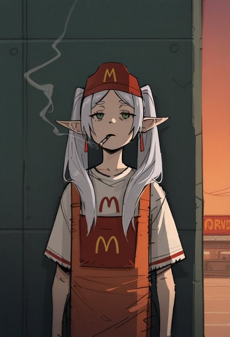 a13xstyle, sketch, masterpiece, best quality, solo,                                                                                 frieren, sousou no frieren, twintails, green eyes, mcdonalds attire cap, smoking a  cigarette, depressed, eyes half closed, against a wall, sunset sky, outside,  mcdonalds background, slog, depressing,