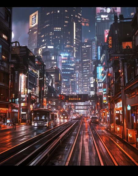 <lora:City_Worlds_01_v1_Roads_flux:1> citybkg, cyberpunk, night, ambiance, sunny, detailed, streets, traffic, futuristic, elevated highway, front view, billboards on buildings, high buildings, low buildings, people, bus station, street marking, stores, shop lights, illuminated, electric poles, signs, from side, orange, red theme
