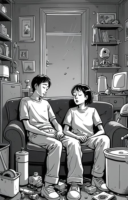 masterpiece,best quality,<lora:tbh373-sdxl:0.6>,illustration,style of exhausted people ,greyscale and white,comic portrait of Housework robots