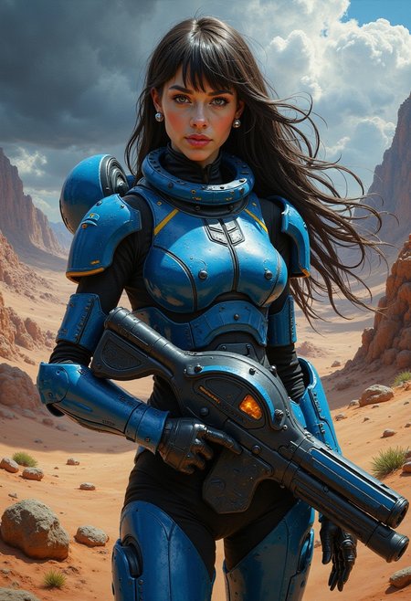 masterpiece, detailed oil painting, female space marine, long hair, bangs, earrings, blue body armour, standing next to small spacecraft on rocky planet, great directional lighting, highly detailed, stormy sky