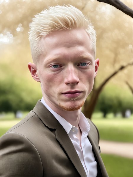 professional photograph, high resolution, 30yo drewsynthxl, portrait, solo, realistic, happy, albino,
face focus, ,
in the park, overcast