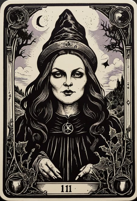 tarot_card, witch, front perspective, flat, frame,( square:1.1), (white outline:1.2)  <lora:tarot_card:1>