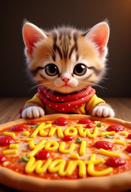 Photorealistic, a realistic kitten standing behind a pizza. The pizza is bright and colorful, exuding a powerful aura, the pizza has the text: "You know what I want" . The text is made up of colorful food. Amazing quality, intricate cinematic lighting, high detail, beautiful, cinematic lighting, 3D CG, 8K, dressed in a lovely cloth,