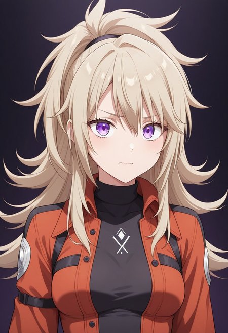 1 girl,sasha necron, purple eyes, blonde hair,long hair, (flipped hair:1.4),medium breasts,
