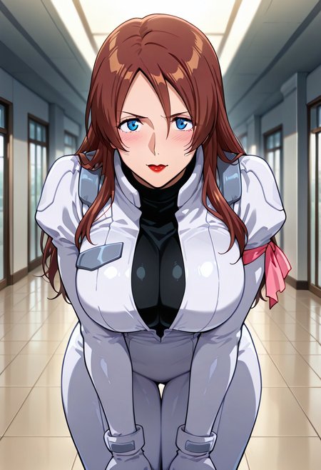 masterpiece, best quality,((masterpiece, absurdres)), best quality, amazing quality, newest, 4k, anime coloring, very aesthetic, ray tracing, Smooth Quality, CG,maheria 1 mature female , brown hair, long hair, blue eyes, red lips, pilotsuit, turtleneck t-shirt, arm ribbon,gloves