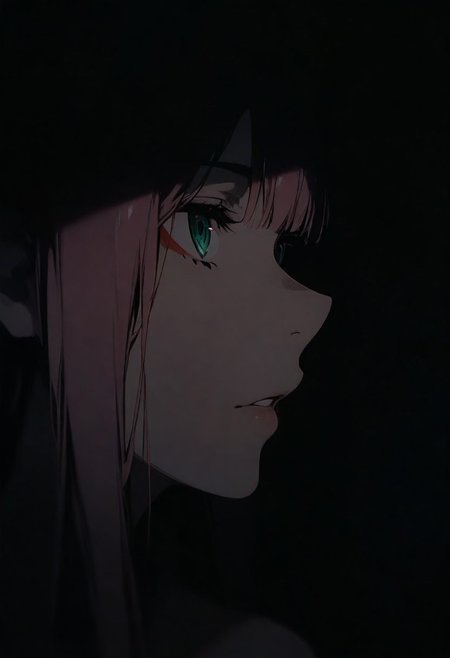 1girl, Zero Two (Darling In The FranXX), solo, dark, light, masterpiece, best quality, very aesthetic, close up,  parted lips