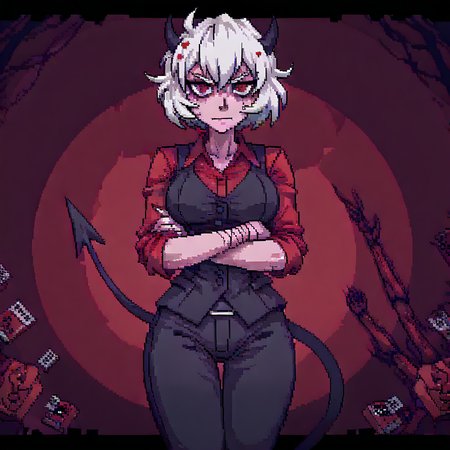 masterpiece, best quality, newest, absurdres, highres, pixel art, TLSS-ILV1.0, 1girl, malina (helltaker), demon girl, short hair, white hair, horns, demon tail,