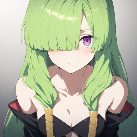 1girl,solo,looking at viewer,upper_body,portrait,masterpiece,high score,great score,absurdres,<lora:Doll_tmwg ag4o v1:1> dolltmwg, green hair, long hair, purple eyes, hair over one eye,bare shoulders,detached sleeves,black dress,