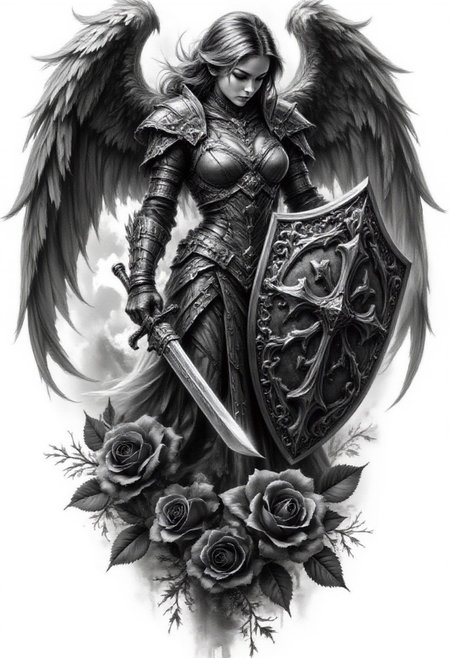Pencil drawing, black and white, pencil strokes, 
A black and white pencil sketch style, line art drawing dark, A black and white pencil sketch style,  
 Monochrome, a tattoo design with a winged angel holding a sword, she is the queen of black roses, It covers itself with its wings, wings are folded, render, beautiful depiction, huge oversized sword, bowed his head, dark ominous mood, angel in plastic armor, intricately proportional, fantasy shield, very very very beautiful art, broken roses , Digital Artwork