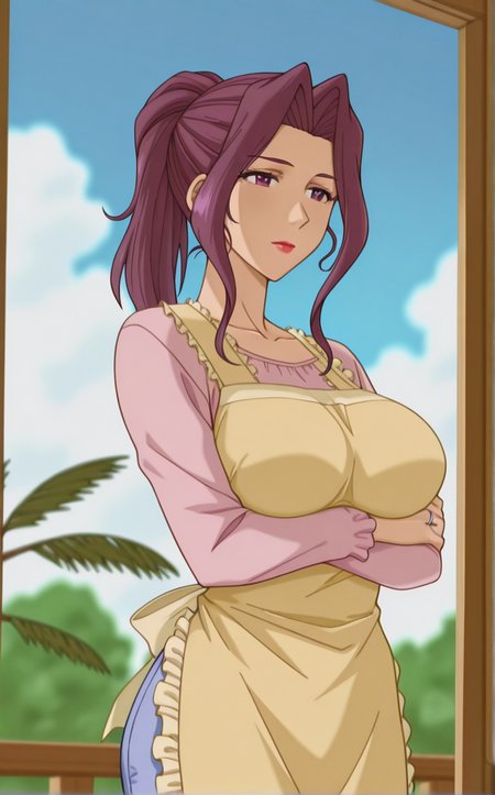 masterpiece, best quality, insaneres, absurdres,1girl, depth of field, bare tree, branch, breast hold, crossed arms, day, outdoors, palm tree, stomach, cowboy shot, blue sky, cloud, blurry background, legs together, closed mouth, standing, thighs, arm under breasts, <lora:ILLUSTXL_MistreatedBride_MitsukoTakayanagi_ownwaifu:1>, BREAK YellowApron_MitsukoTakayanagi_ownwaifu, 1girl, hair intakes, hair up, lipstick, long hair, makeup, pink shirt, ponytail, purple eyes, purple hair, sidelocks, yellow apron, mature female, long sleeves, frills, collarbone, red lips, large breasts, eyelashes, wedding ring,