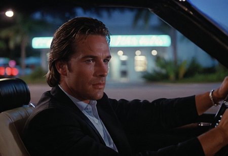 cinematic film still Sonny Crockett, MiamiVice, driving, sportscar . shallow depth of field, vignette, highly detailed, high budget, bokeh, cinemascope, moody, epic, gorgeous, film grain, grainy