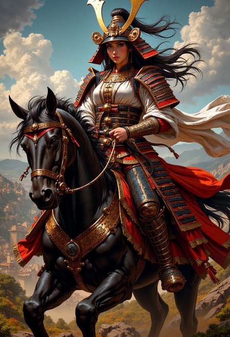 renaissance-style oil painting, masterpiece, female warrior in samurai clothing riding a horse (armored head, pageantry, dynamic image, cinematic, mythp0rt