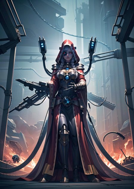 (1girl, grey hair very long hair side braid, glowing eyes, <lora:menositanikuma2:0.6>, depressed) (digital) ( dynamic pose in detailed savannah, (skull, tube, science fiction, extra arms, hood, robe, glowing eyes, mechanical arms, steampunk, armor)) , best quality, <lora:boldline:0.2>  <lora:hairdetailer:0.2> techpriest <lora:techpriest:1>