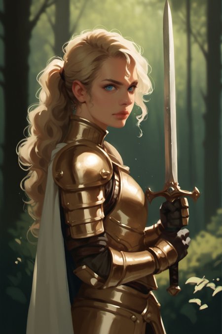 1girl, weapon, sword, armor, solo, holding, holding weapon, holding sword, cape, realistic, long hair, looking at viewer, ponytail, blurry background, blurry, breastplate, blonde hair, lips, shoulder armor, nose, from side, pauldrons, closed mouth, outdoors, wavy hair, curly hair, forest, plate armor, nature, standing, gauntlets, vambraces, blue eyes, zPDXL3, detailxl,  Score_PnyReal, (lineless:1.5)