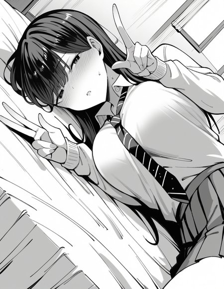 score_9, score_8_up, score_7_up, source_anime, <lora:manno-kuroda-manga-ponyxl-lora-nochekaiser:1>, kuroda, greyscale, monochrome, large breasts, long hair, bangs, school uniform, skirt, necktie, pleated skirt, rolled-up sleeves, shirt, collared shirt,, indoors, bed, bed room, on side, blush, drunk,, , , v, v over eyes,, solo,, cowboy shot, dutch angle