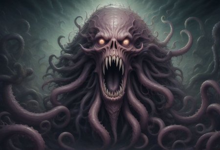 Lovecraft abomination looms in the shadows, its form defying earthly logic. Tentacles writhe from its grotesque body, each ending in an eye that gazes into infinity. Its maw, filled with rows of razor-sharp teeth, drips with otherworldly ichor. Its presence radiates an aura of cosmic dread, driving mortal minds to the brink of insanity. Capture the eldritch horror and incomprehensible terror it embodies Nightmare color palette. DEVIL SPAWN