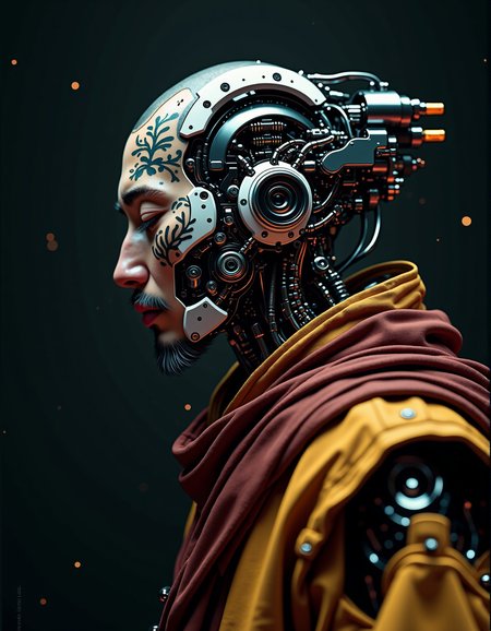(close up portrait) meditating Tibet monk with (cyborg face parts:1.95),(cyborg cybernetic enhancements:2.7),(tibet tattoos on the whole face:1.3), sci-fi character portrait by greg rutkowski, craig mullins, cinematic lighting, dystopian sci-fi outfit, profile picture, mechanical, cyborg, half robot ultra realistic 8k resolution.
...   <lora:ck-nc-pastel-cyberpunk:0.7> A digital artwork in the style of cknc,
