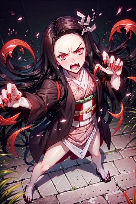 masterpiece, best quality, 1girl, kamado nezuko, demon kimetsu no yaiba, full body, from below, claws, (veins:1.3), demon girl, kimono, full moon, <lora:nezukolora_:0.8>, veins, (fangs, red eyes, anger, claws:1.4), backlighting, facing viewer, forest, fire, starry sky, blood, dirt, bruise, anger, crazy eyes, standing, legs apart, (fighting stance:1.3), long nails, floating hair, cinematic scene, demon horns, looking at viewer, solo focus, dutch angle, horizon,