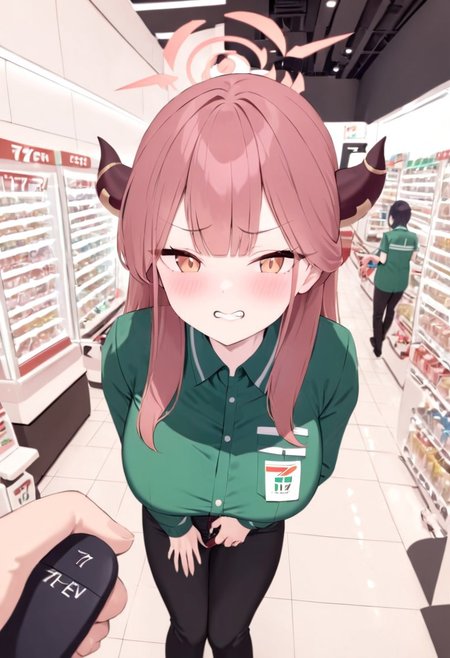 Aru_(Blue_Archive),large breasts,horns,uniform,at night,7eleven, scenery, indoors, box, tiles, shop, tile floor,7elevenU, employee uniform, uniform, green shirt,black denim,Holding a mop,standing,clenched teeth,blush,looking at viewer,remote controller, remote control, holding, pov,