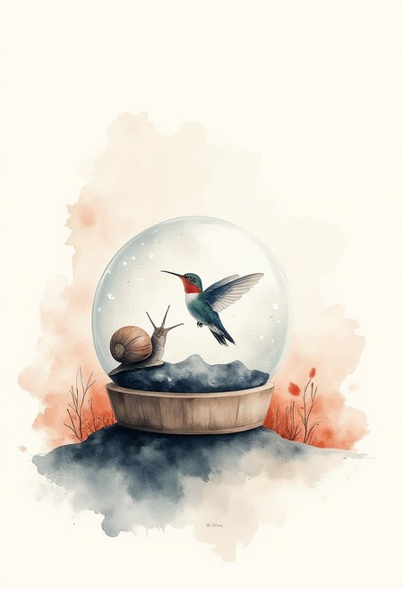 pst007 style watercolor painting. 
So theres this snail right? but its shell is a snowglobe yeah? and in the snowglobe there is a hummingbird ok? but get this...the whole thing is just a metaphor for unrelenting lustful devotion.
