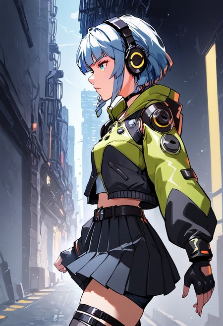 masterpiece, best quality, highly detailed, score_9, score_8_up, score_8, 1girl, solo, Anby_Demara, orange_eyes, grey_hair, side_braid, short_hair, small_breasts, headphones, black_choker, crop_top, hooded_jacket, two-tone_jacket, detached_sleeves, thigh_strap, puffy_long_sleeves, black_belt, miniskirt, black_skirt, pleated_skirt, black_thighhighs, bike_shorts, black_shorts, black_gloves, fingerless_gloves, serious face, Expressiveh, running, dynamic pose, dynamic angle, cinematic view, detailed background, street, cyberpunk city, night lights, neons, highly detailed, masterpiece, cowboy shot, side view