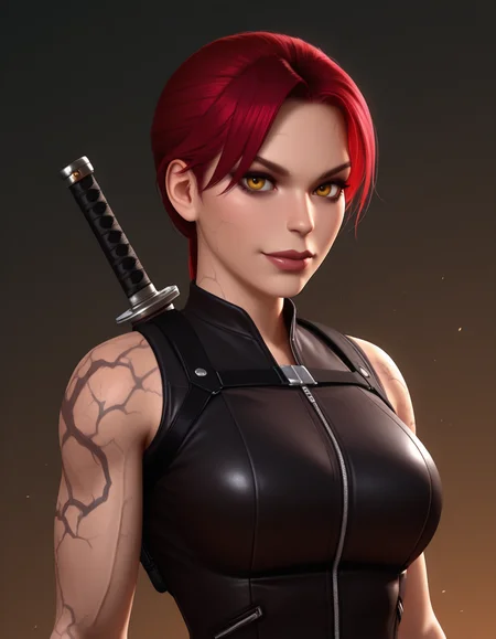Masterpiece, high-res, 2k, best quality, 2.5d, realistic, 1 girl, laradopple, medium shot, black veins, (tattoo:.7) <lora:laradopple-000037:1>   Confident Strut: Strut towards the camera with an air of authority and determination. This pose radiates confidence and power.