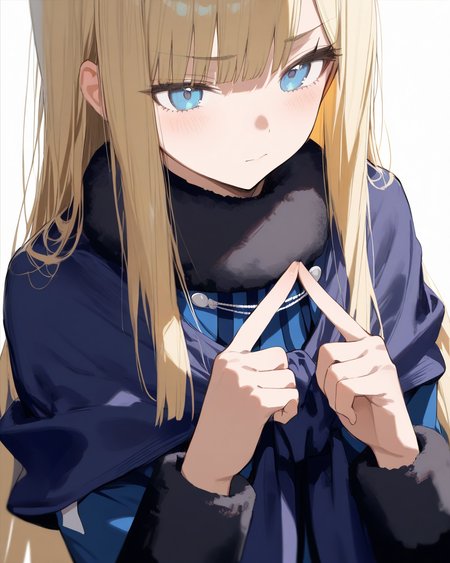 1girl,
ReinesElMelloiArchisorteFateGrandOrder,
safe, solo, upper body,
long hair, blonde hair, blue eyes, closed mouth,
fur collar, blue capelet,
blue jacket, breast,
index fingers together,
long sleeves, fur-trimmed sleeves,
blue dress,
simple background, white background,
depth of field,
<lora:kp_ReinesElMelloiArchisorteFateGrandAnimagineXL_v1_0:1.0>,
masterpiece, high score, great score, absurdres