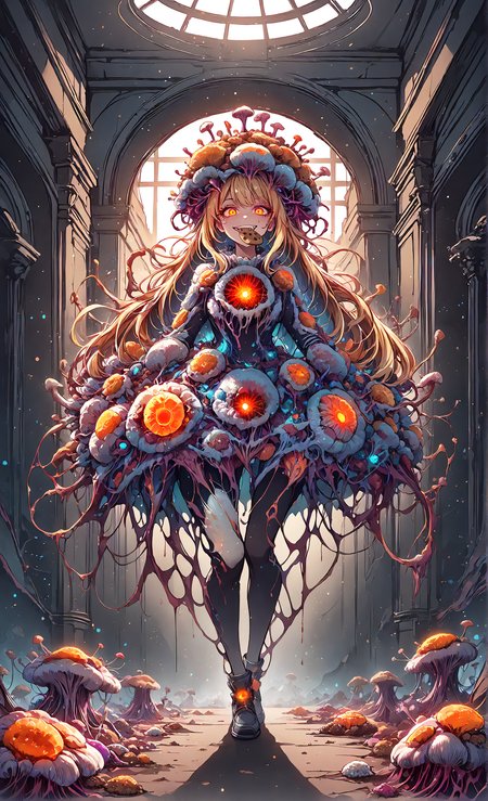 masterpiece, sharp detail, intricate detail, hair shader, 1girl,  <lora:MyceliumT-000014:1>,  myceliumt, blonde hair, myceliumt dress, full body,  glowing eyes, detailed eyes, gradient eyes, eyelashes, detailed face, detailed eyes, looking at viewer, smile, cookie in mouth, indoors,  dramatic shadows, cinematic lighting, detailed background, light and shadow contrast, glowing light particles, light particles,
