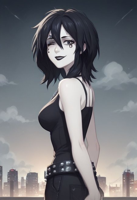 D_endless, anime screencap, from side, 1girl, black eyes, black hair, medium hair, hair between eyes, pale skin, white body, medium breasts, facial mark, ankh necklace, black top, bare shoulders, studded belt, black pants, looking at viewer, black lips, goth, overcast, clouds, smile, one eye closed, skyscraper, source_cartoon, score_9, score_8_up, score_7_up, score_6_up, score_5_up, score_4_up, ponypositive,